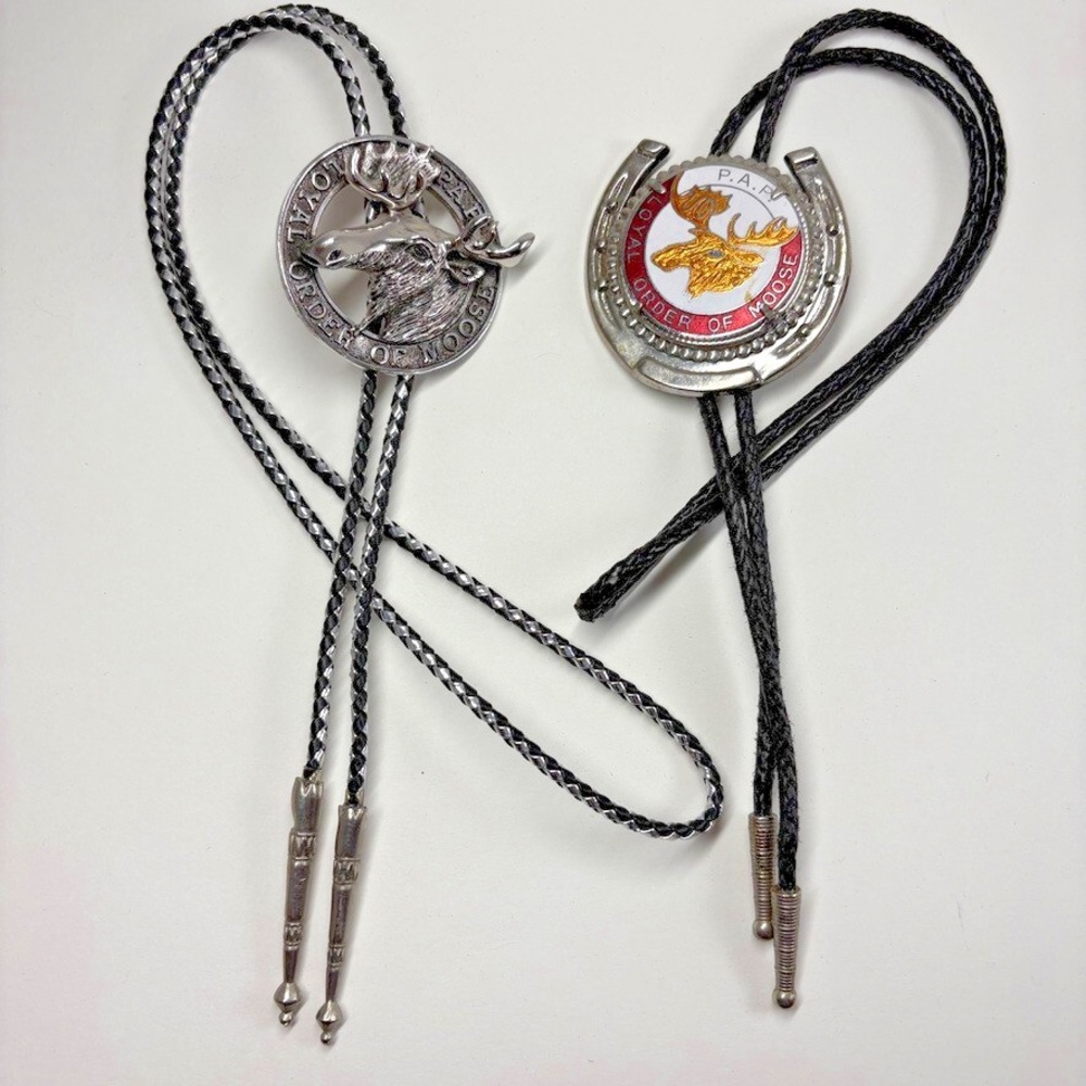 (2) PAP Loyal Order of the Moose BOLO Ties Silver Accents Leather Cord 16" & 18"